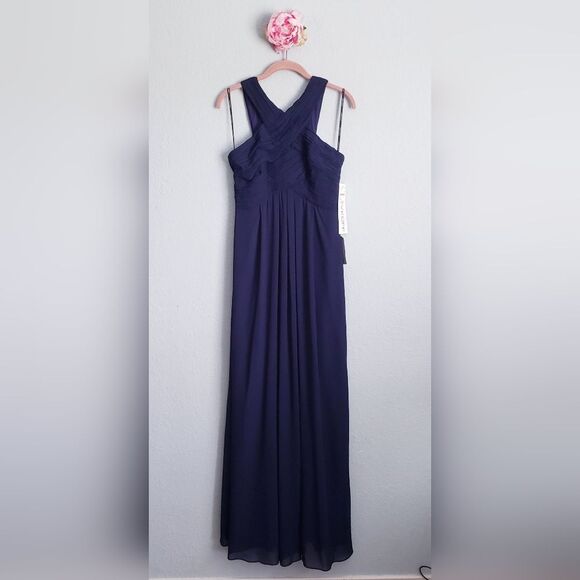 Levkoff Crisscross‎ Neck Chiffon A-line Navy Gown - Picture 2 of 7